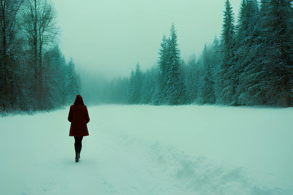 Loneliness Woman walking alone along a snowy forest road